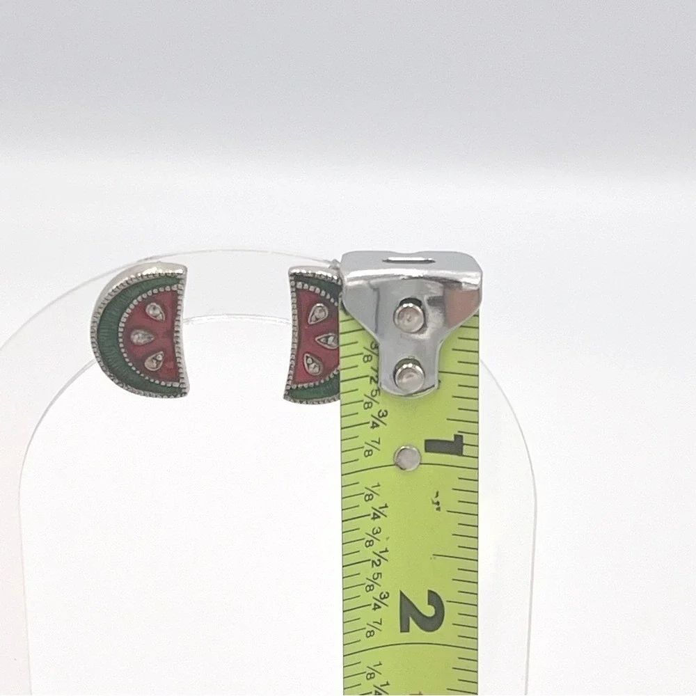 Avon Watermelon Slice Enamel Stud Earrings Silver Tone Vintage Summer Jewelry